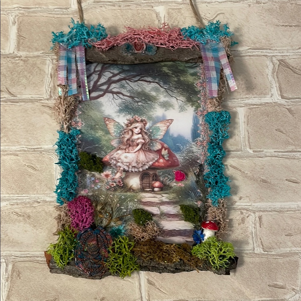 Whimsical Fairy Garden Wall Art with Colorful Accents moss mushroom